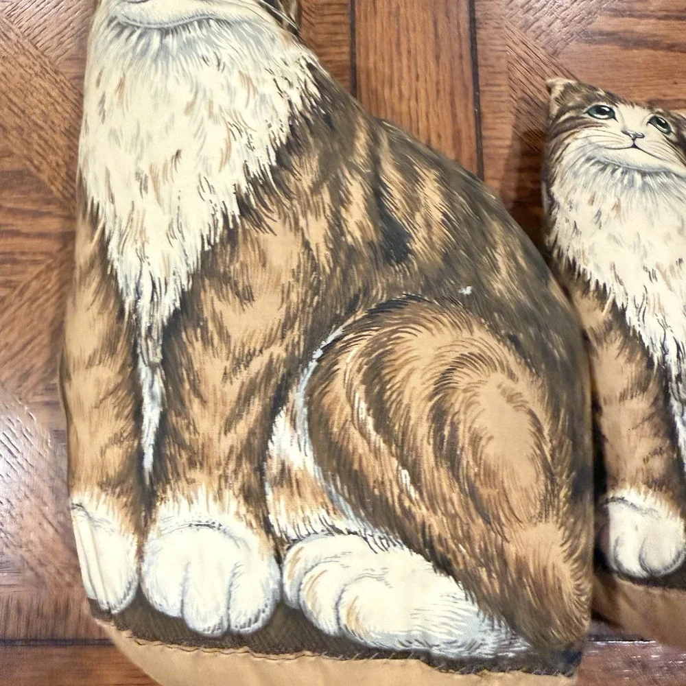 Set of 2 Vintage Sewn Cat Decorative Throw Pillows Plush 13